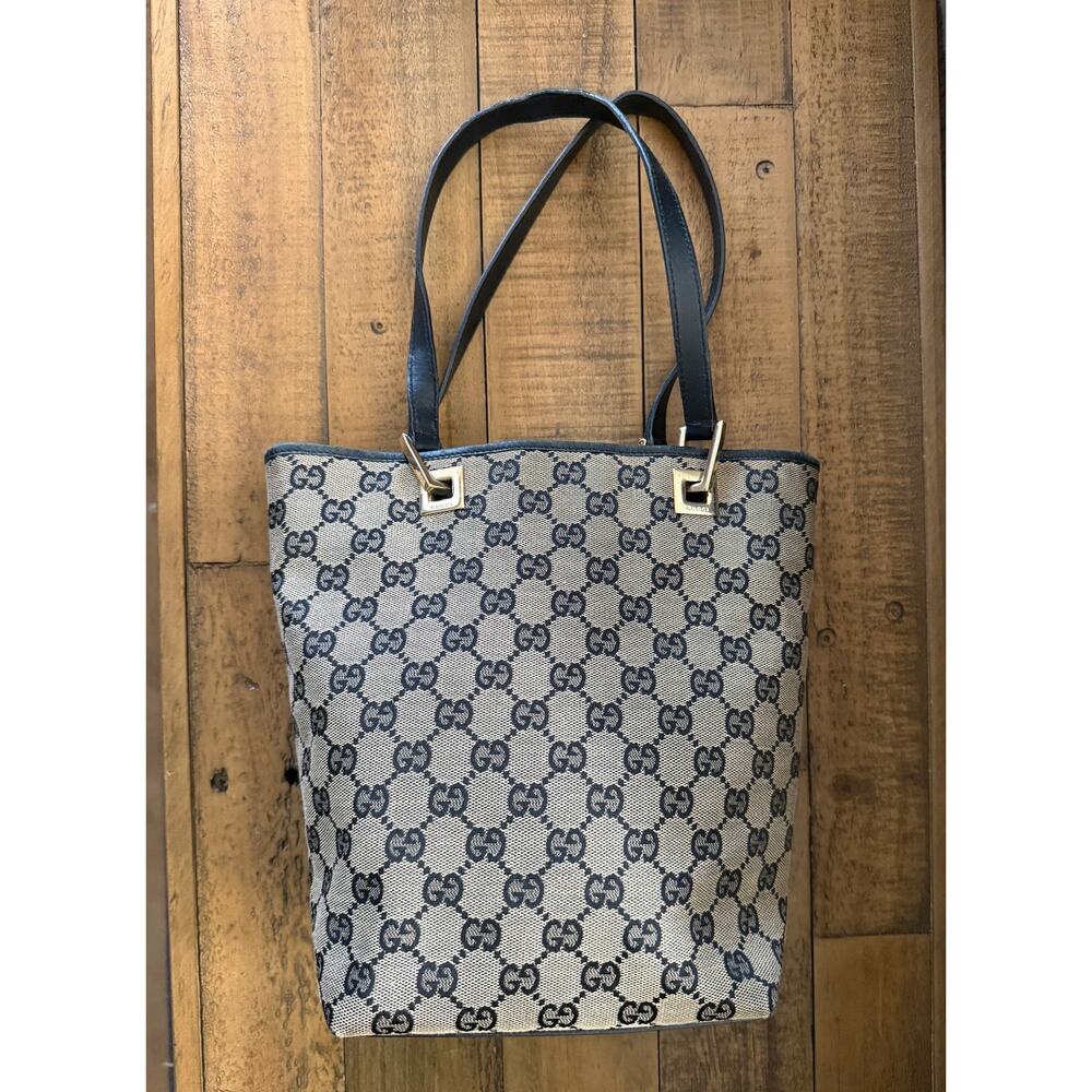 Gucci Shoulder Bag Womens Black/Tan GG Canvas Leather Monogram Gold Hardware